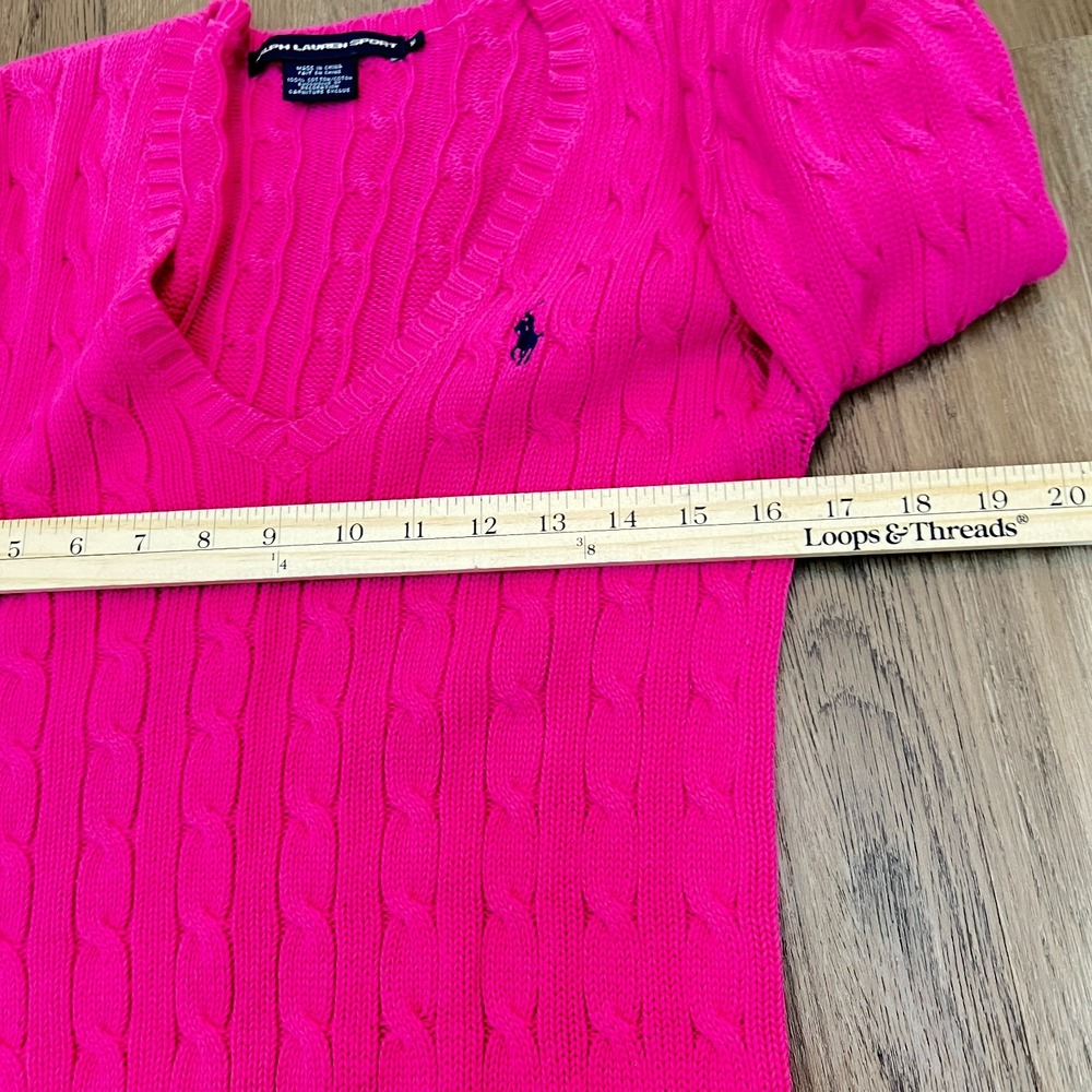 Ralph Lauren Sport Medium Hot Pink Cable Knit V Neck Cotton Sweater Preppy - Picture 6 of 7